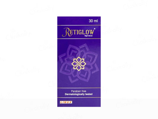 Retiglow night serum packaging with purple and gold design on a white background