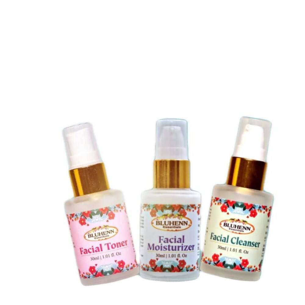 Three Bluhenn facial care products on a white background