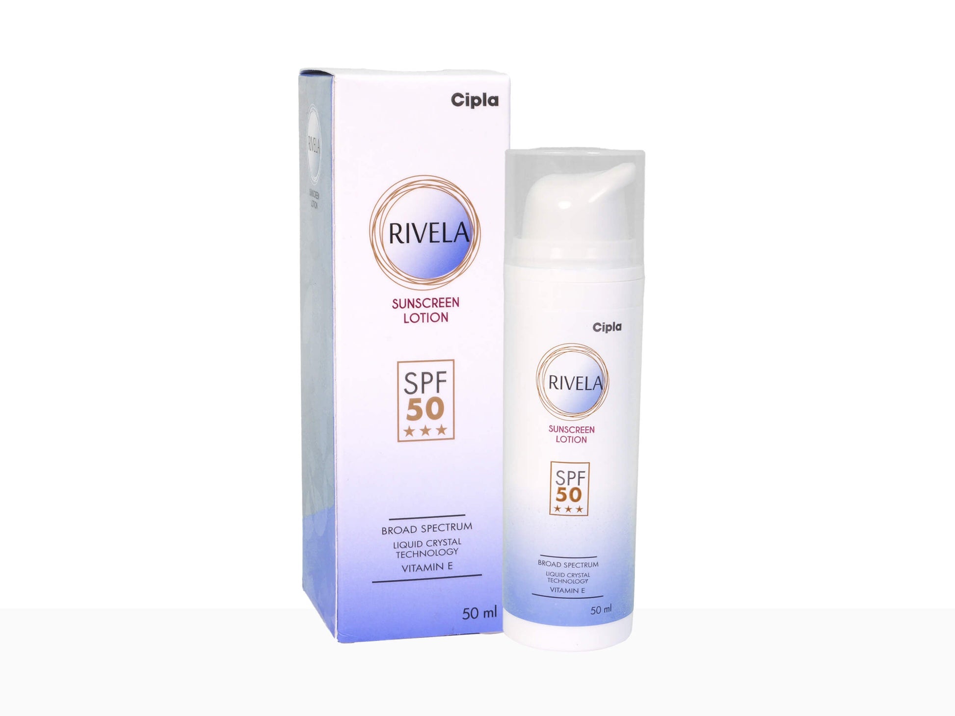 Cipla Rivel sunscreen lotion with SPF 50 and packaging on a white background