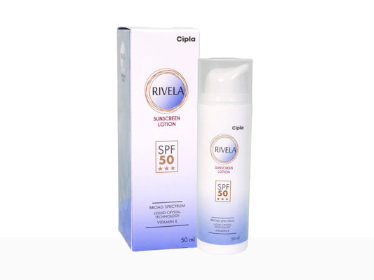 Cipla Rivel sunscreen lotion with SPF 50 and packaging on a white background