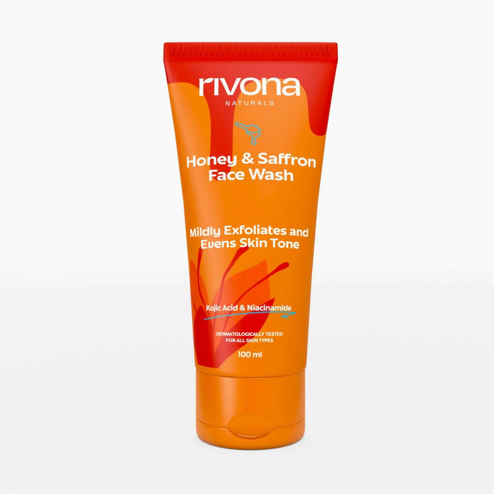 Orange tube of Rivona Honey & Saffron Face Wash on a white background