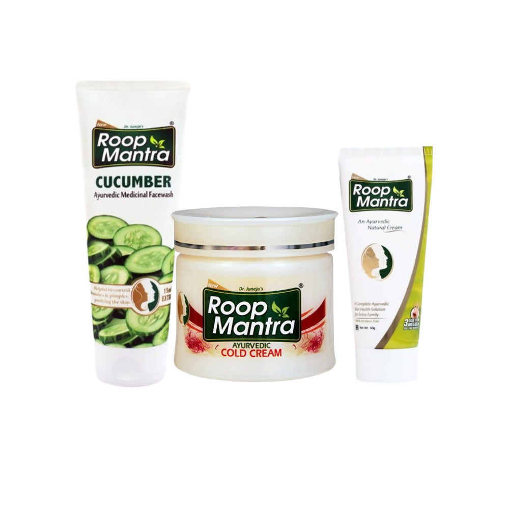 Three Roop Mantra skincare products on a white background