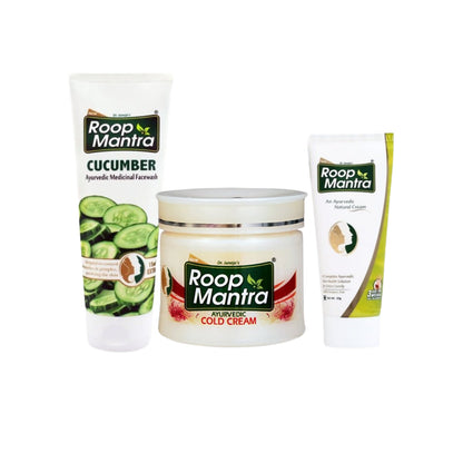 Three Roop Mantra skincare products on a white background