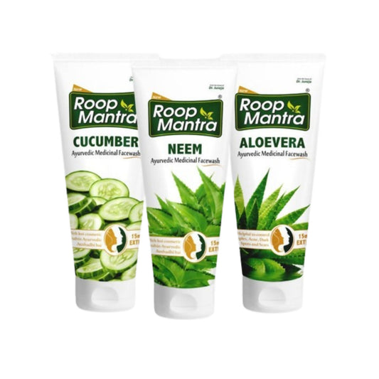 Three tubes of Roop Mantra face wash with cucumber, neem, and aloe vera labels on a white background.