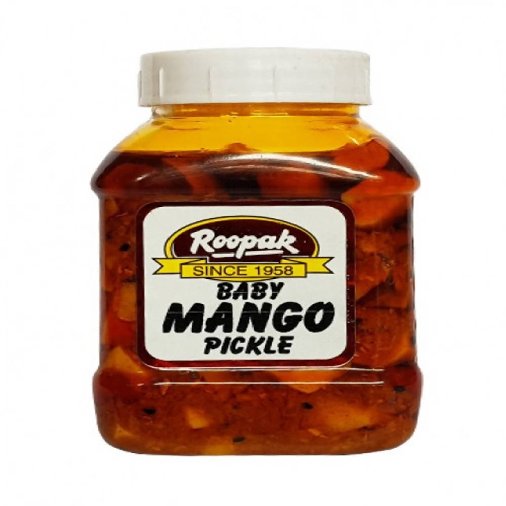 Jar of Roopak baby mango pickle on a white background