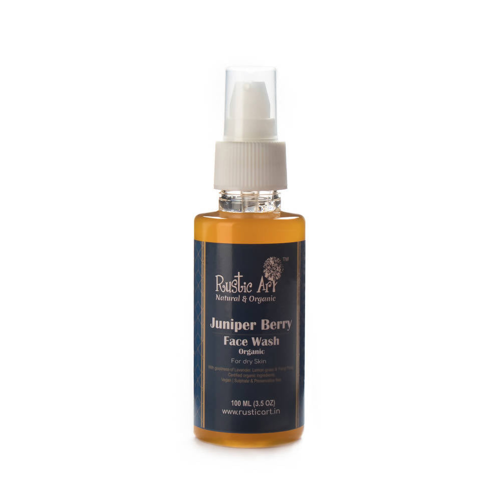 Bottle of Rustic Art Juniper Berry Face Wash on a white background