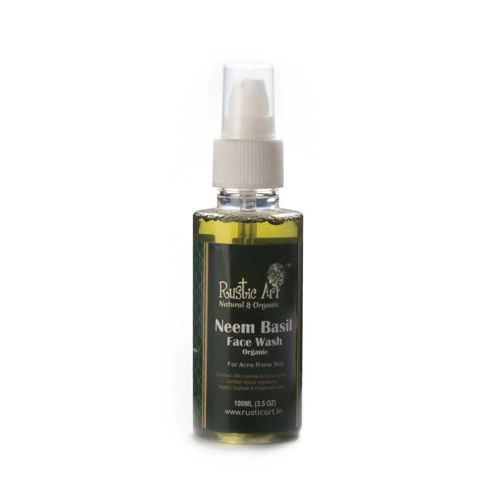 Bottle of Rustic Art Neem Basil Face Wash on a white background