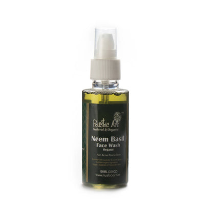 Bottle of Rustic Art Neem Basil Face Wash on a white background