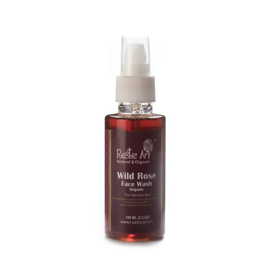 Bottle of Rustic Art Wild Rose Face Wash on a white background