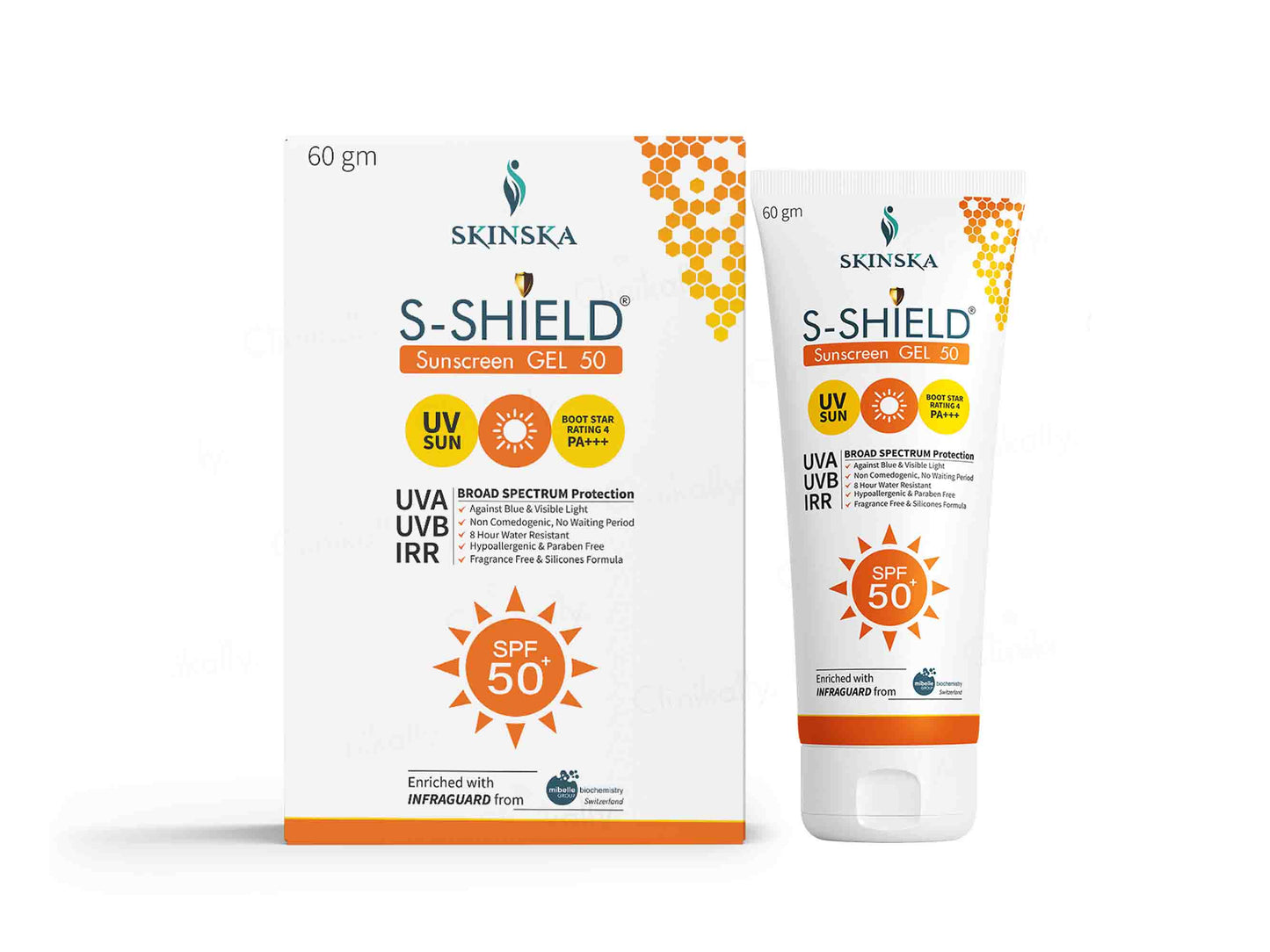 Skinska S-Shield Sunscreen Gel 50 packaging and tube on a white background