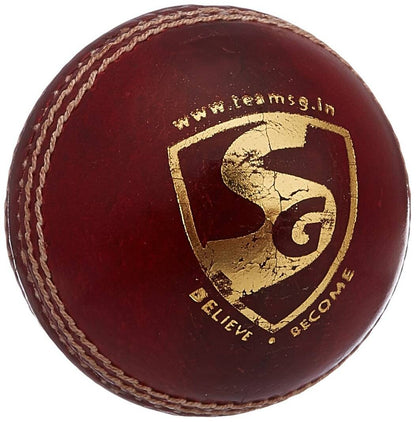 Maroon cricket ball with gold logo and text on a white background