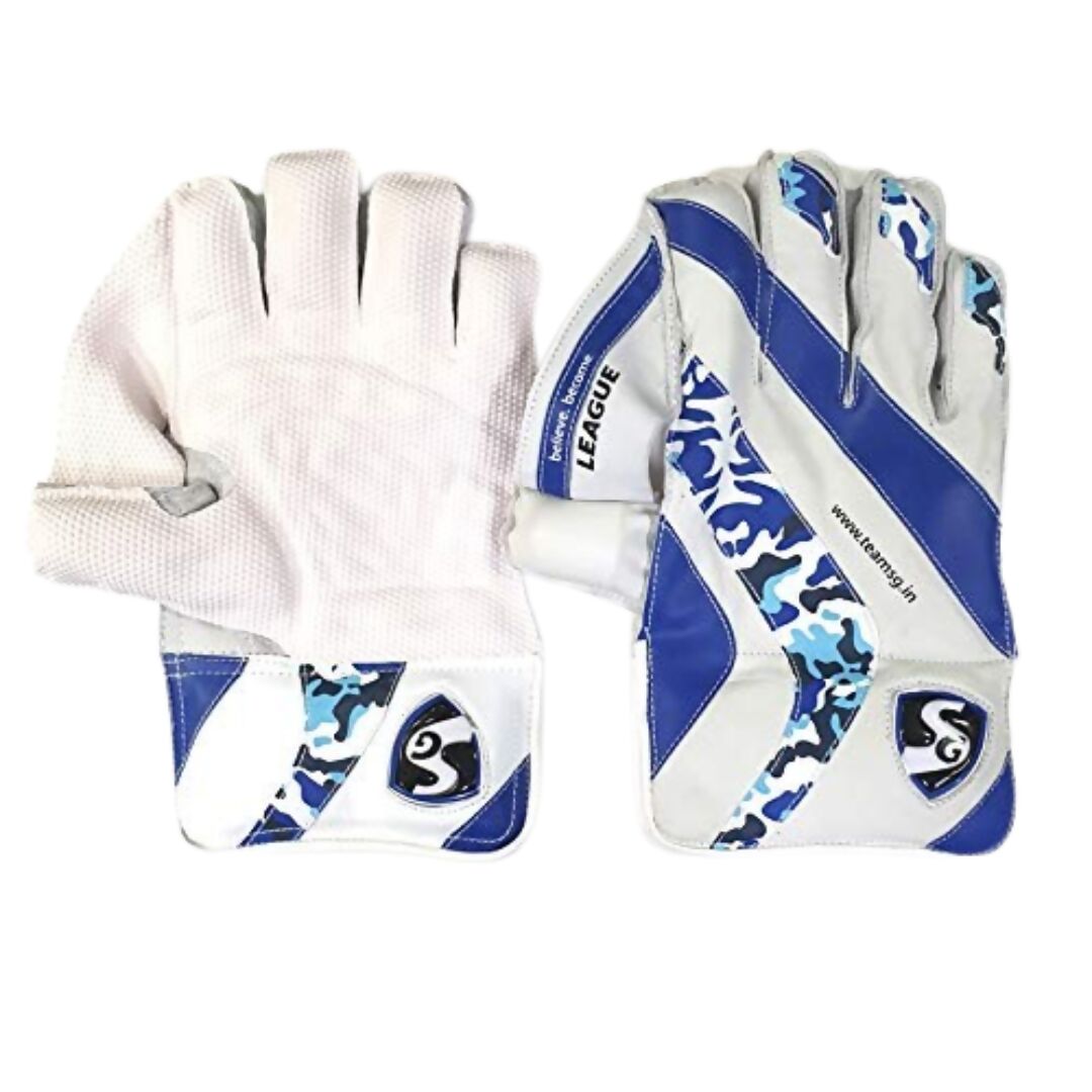 Pair of white and blue gloves with visible branding on a white background
