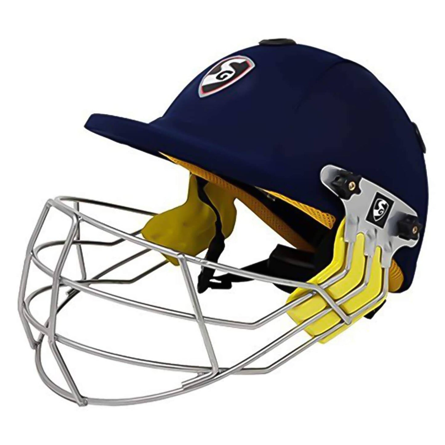 Navy blue cricket helmet with yellow interior and silver face guard on a white background