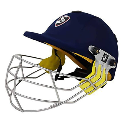 Navy blue cricket helmet with yellow interior and silver face guard on a white background