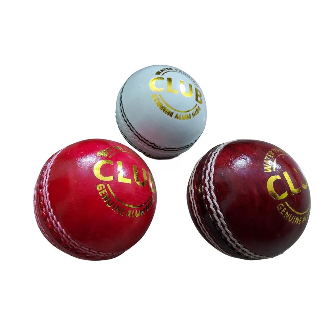 Three cricket balls with 'CLUB' branding on a white background