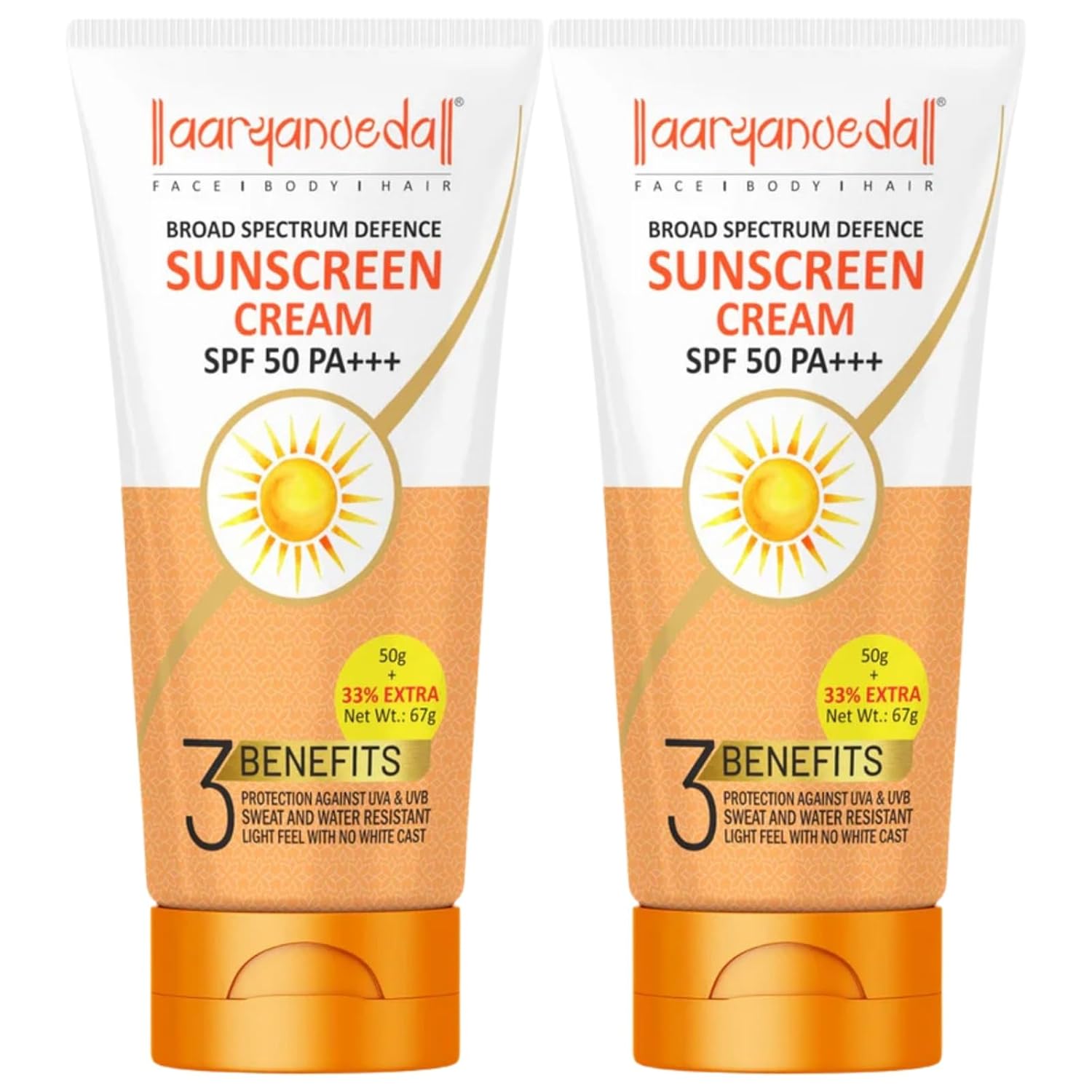 SPF 50 PA+++ Sunscreen Cream for Men & Women | Matte Finish | No White Cast | Water Resistant | Broad Spectrum UVA UVB Protection 67gm Pack Of 2