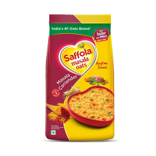 Saffola Masala Oats packaging with a bowl of oats and spices on a white background