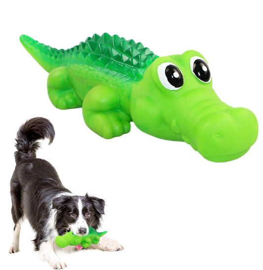 Dog playing with a green alligator toy on a white background