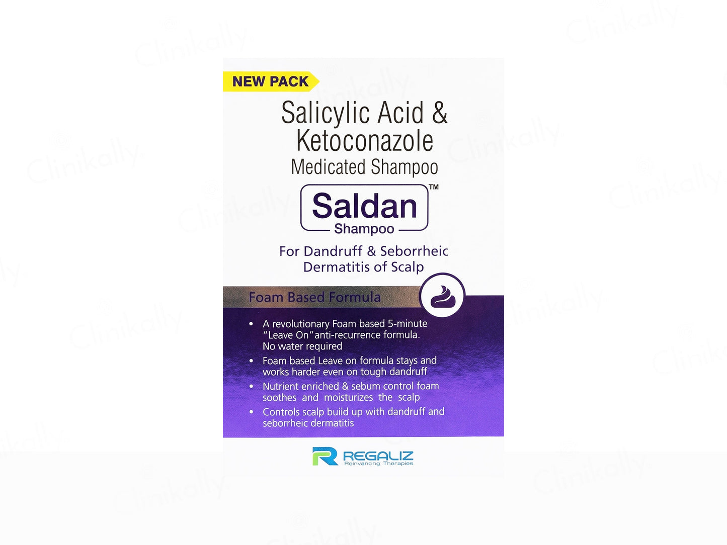 Saldan shampoo packaging with salicylic acid and ketoconazole on a white background