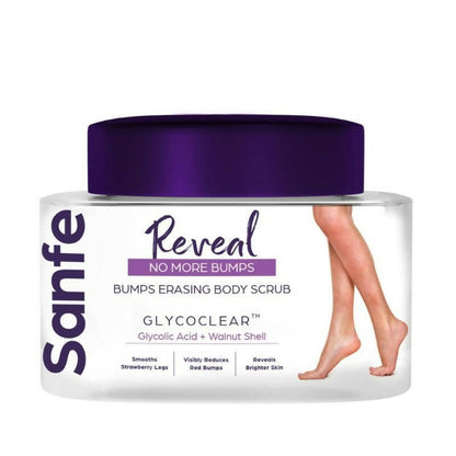 Sanfe Reveal Bumps Erasing Body Scrub jar with a purple lid on a white background