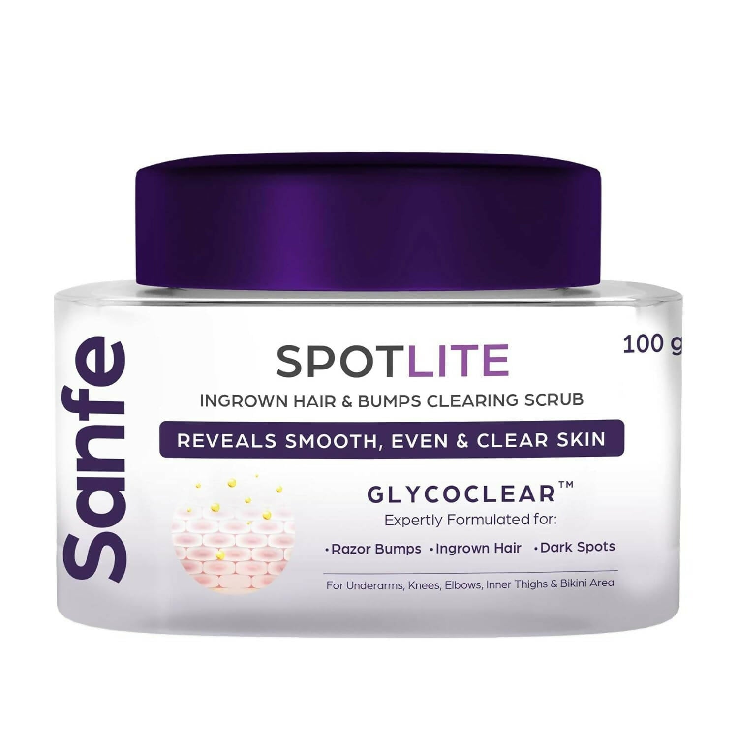 Sanfe SpotLite scrub jar with purple lid on a white background