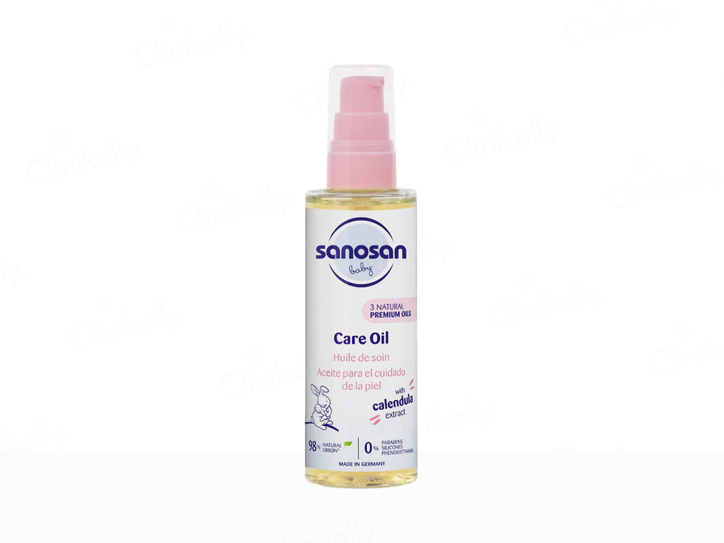 Bottle of Sanosan Care Oil with a pink spray cap on a white background