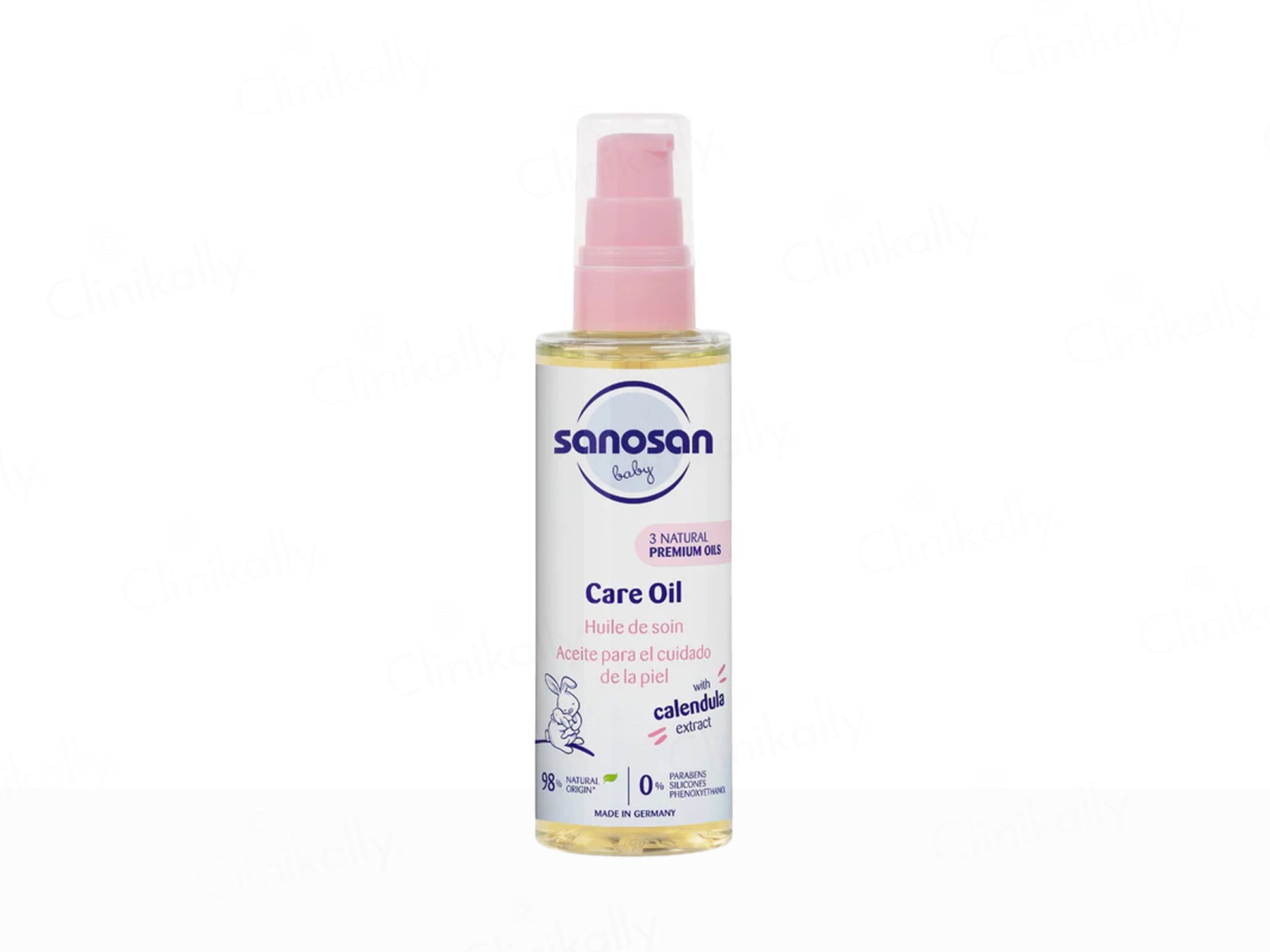 Bottle of Sanosan Care Oil with a pink spray cap on a white background