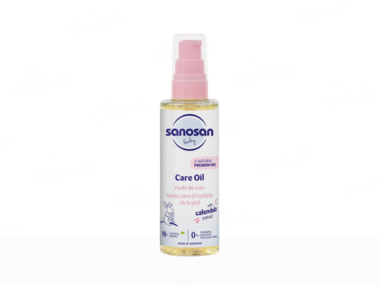 Bottle of Sanosan Care Oil with a pink spray cap on a white background
