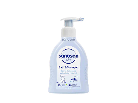 Sanosan baby bath and shampoo bottle on a white background