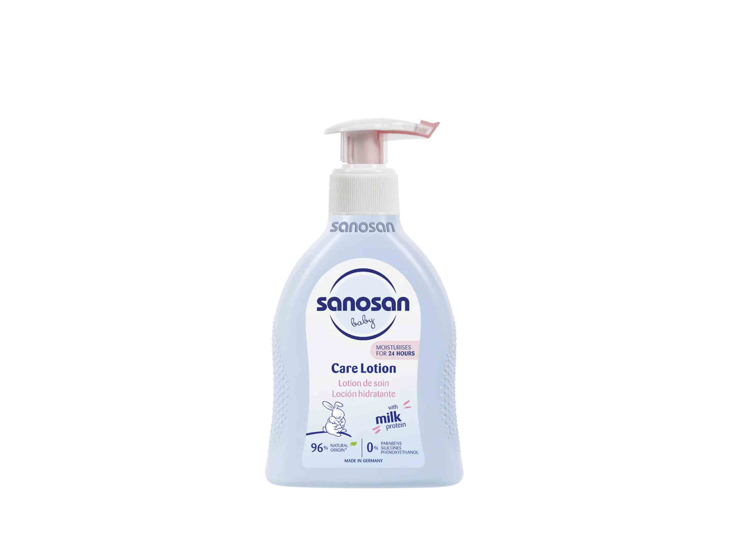 Sanosan care lotion bottle on a white background