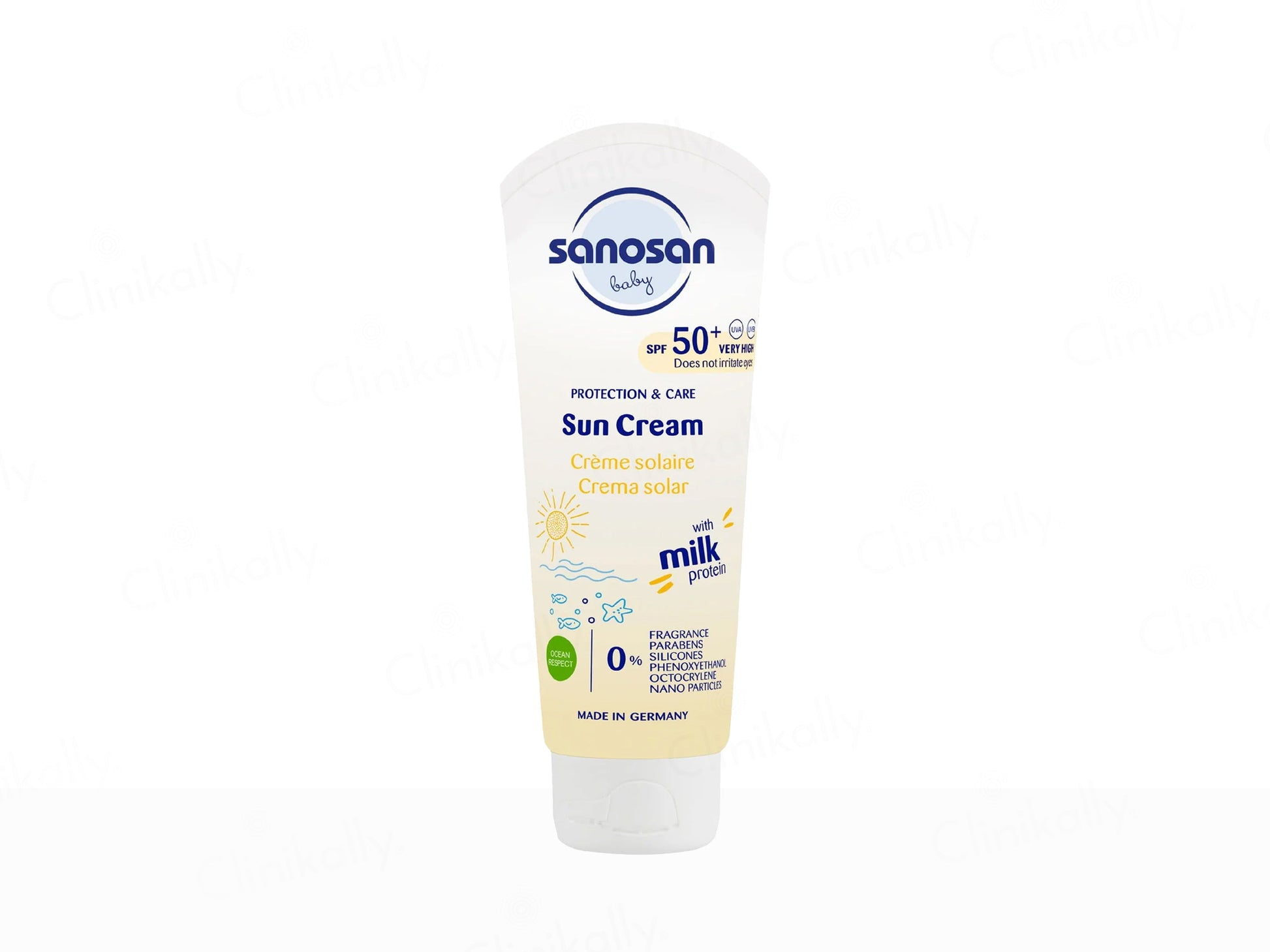 Sanosan sun cream tube on a white background