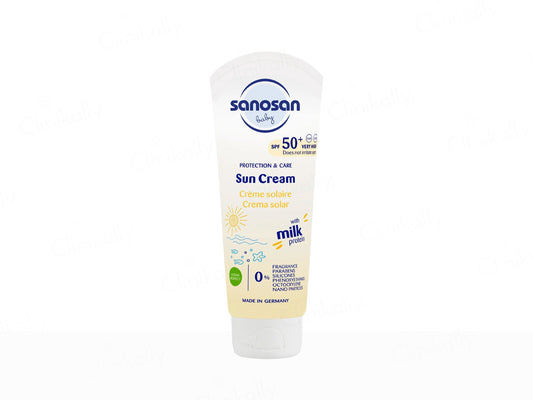 Sanosan sun cream tube on a white background