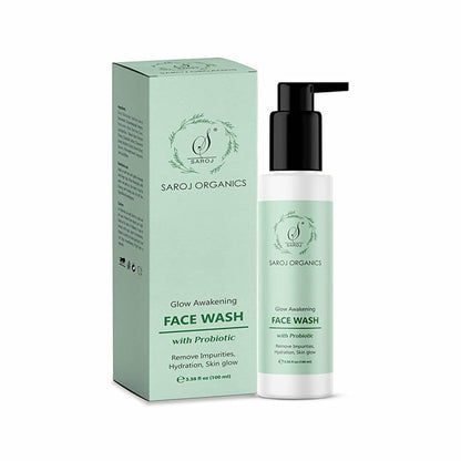 Saroj Organics Glow Awakening Face Wash packaging and bottle, with product information displayed.