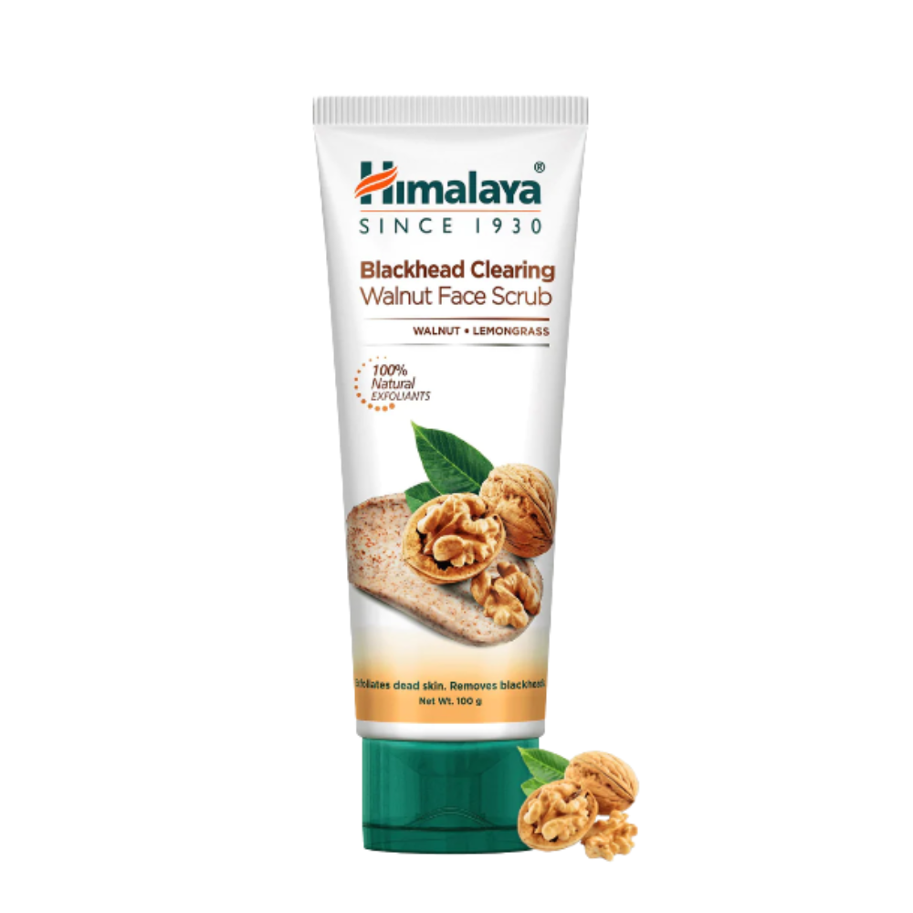Himalaya Herbals Blackhead Clearing Walnut Face Scrub in a white tube with green accents and images of walnuts, packaging text and branding displayed.