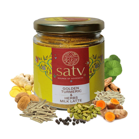 Jar of Satv Golden Turmeric & Herbs Milk Latte with ingredients on a white background