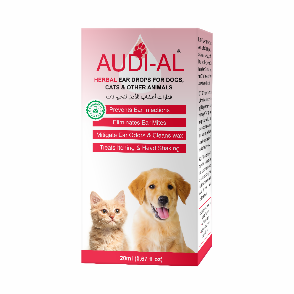 Audi-Al herbal ear drops packaging for dogs, cats, and other animals on a white background