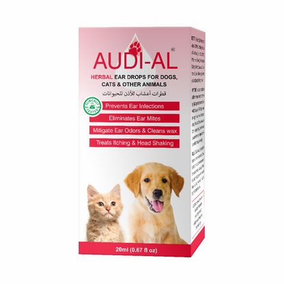 Audi-Al herbal ear drops packaging for dogs, cats, and other animals on a white background