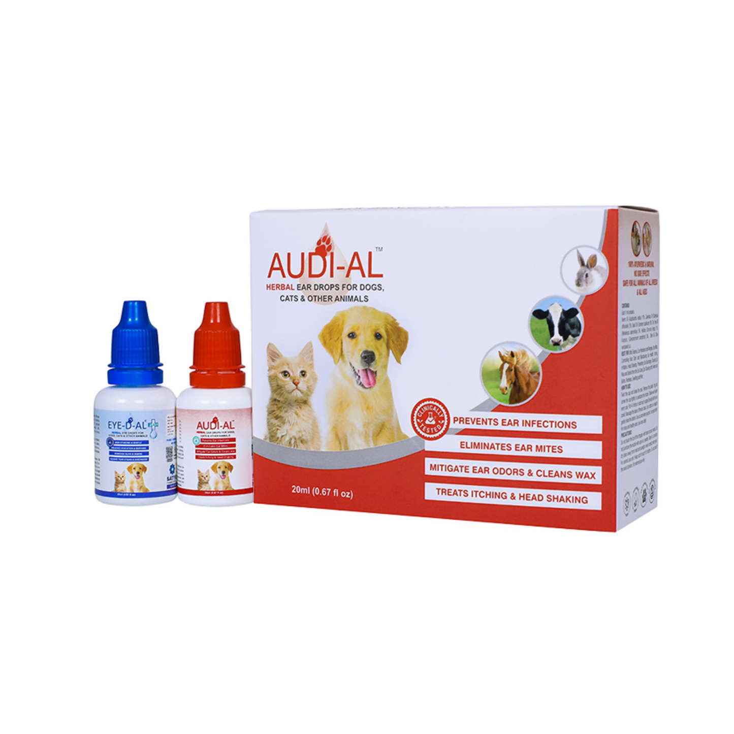 Audi-Al ear drop bottles and packaging for pets on a white background