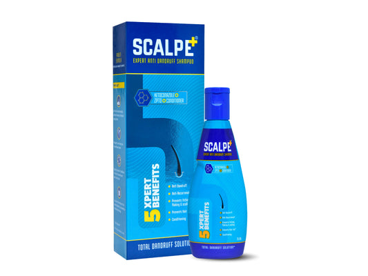 Scalp care product with blue packaging featuring the brand 'Scalpe' on a white background.