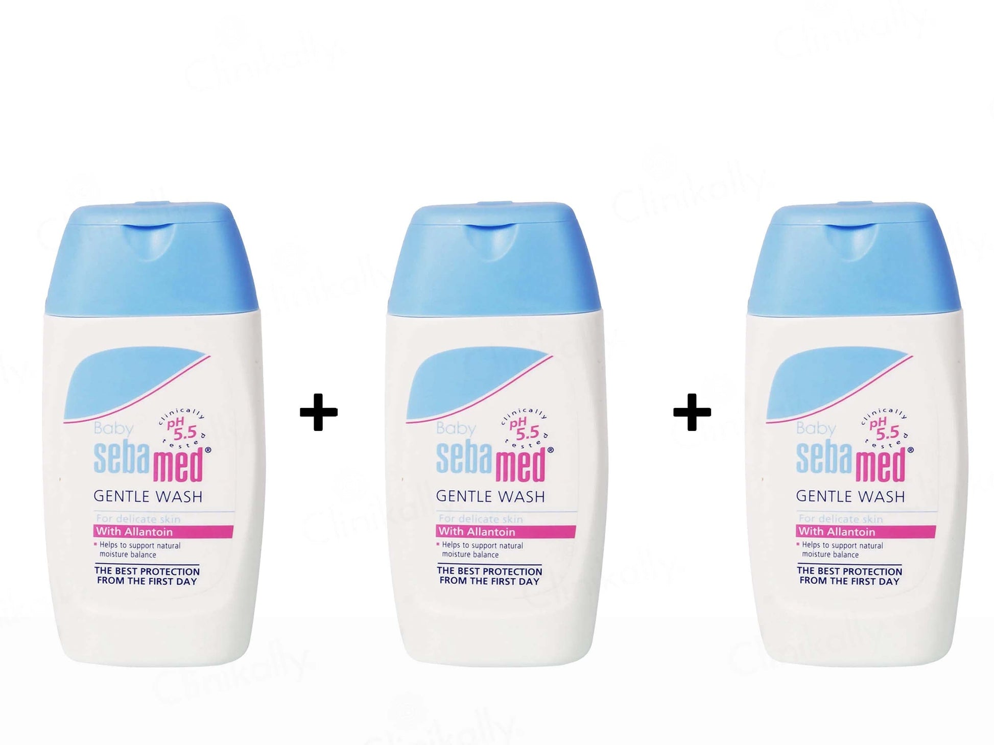 Three bottles of Sebamed Gentle Wash with blue and white packaging on a white background