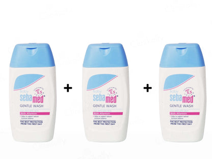 Three bottles of Sebamed Gentle Wash with blue and white packaging on a white background