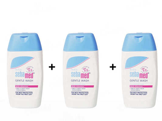 Three bottles of Sebamed Gentle Wash with blue and white packaging on a white background