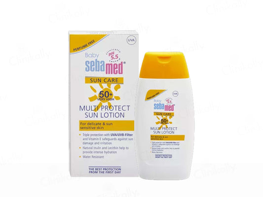 Sebamed sun care multi-protect sun lotion and packaging on a white background