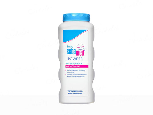 Sebamed baby powder bottle with blue lid on a white background