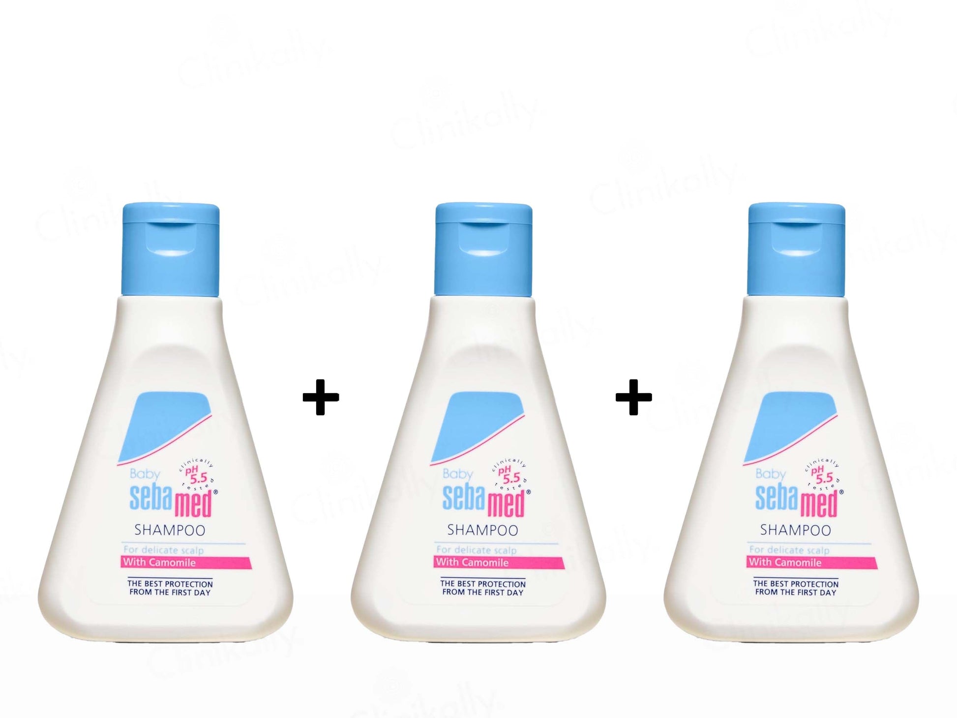 Three bottles of Sebamed shampoo with blue lids on a white background