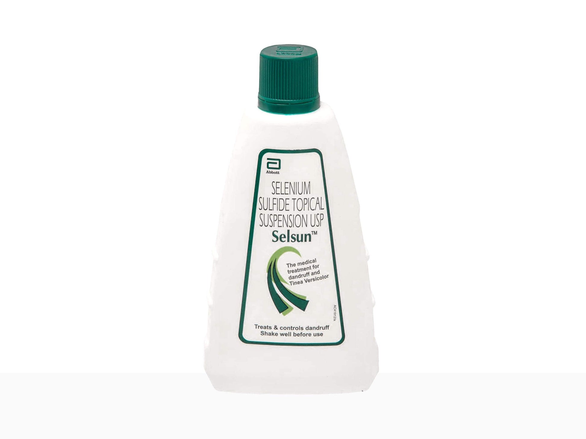 Bottle of Selsun shampoo on a white background