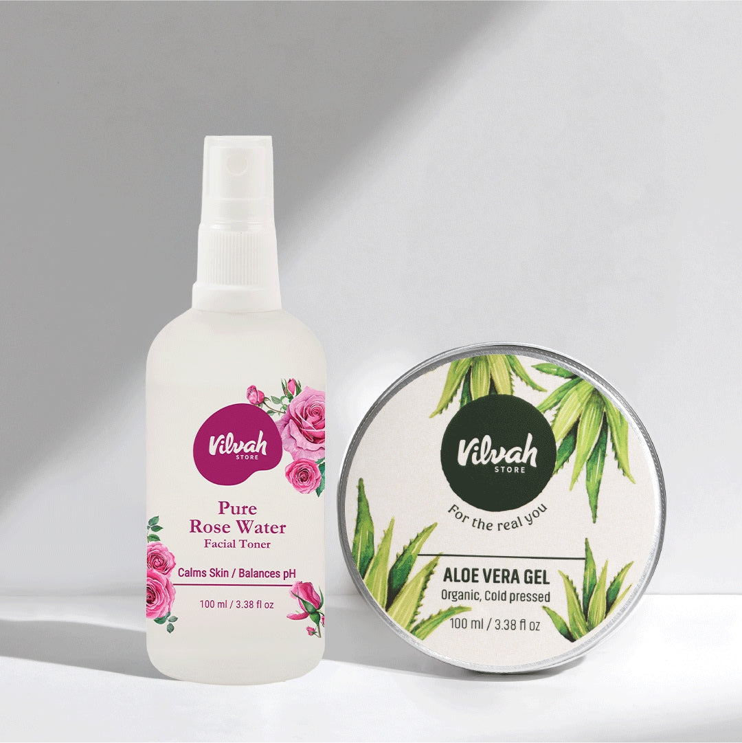 Vilvah Store Pure Rose Water facial toner and Aloe Vera Gel on a light gray background