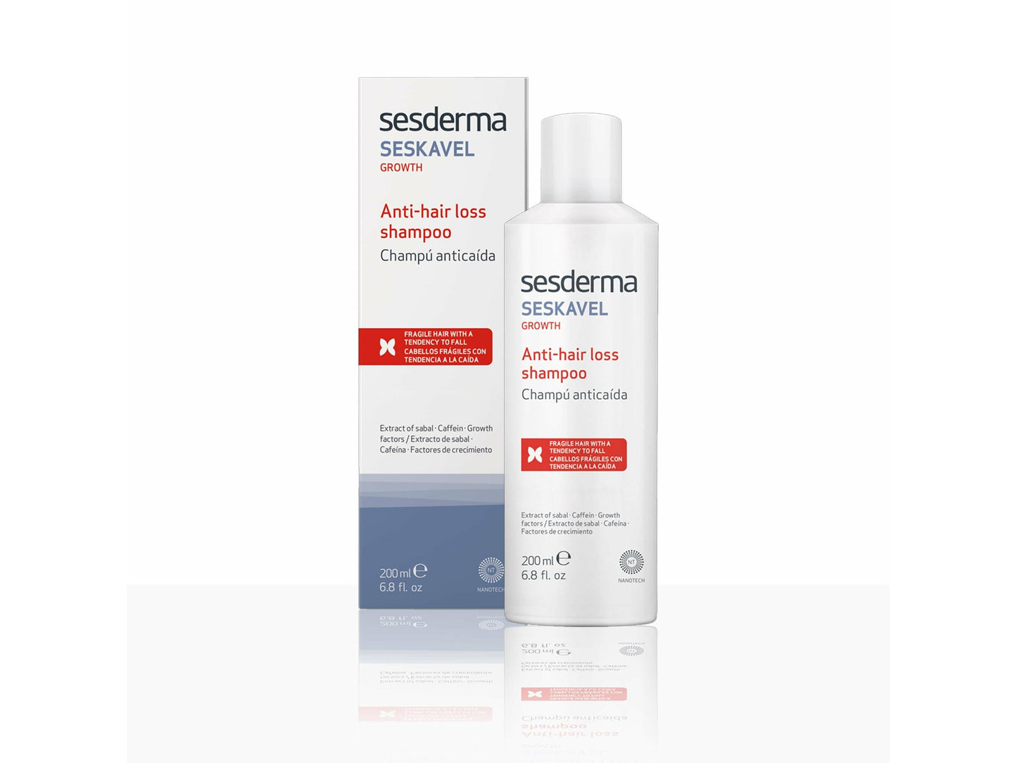 Sesderma Seskavel anti-hair loss shampoo bottle and box on a white background