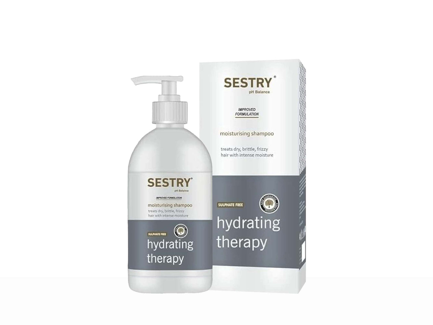 Sestry hydrating therapy shampoo bottle and packaging on a white background