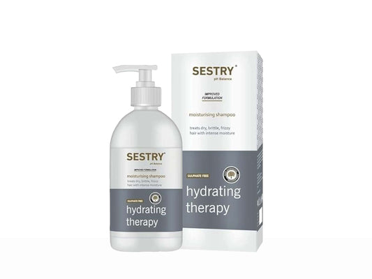 Sestry hydrating therapy shampoo bottle and packaging on a white background
